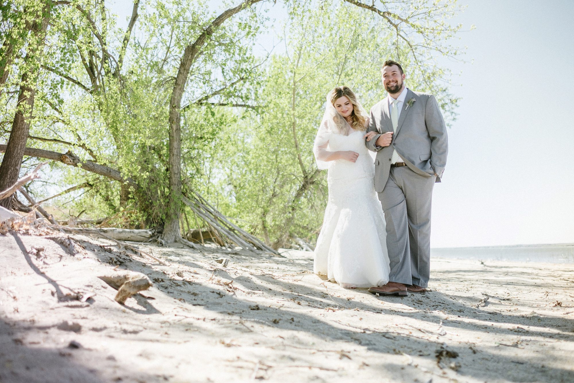 bride, groom, walking, love, woods, beach, sand